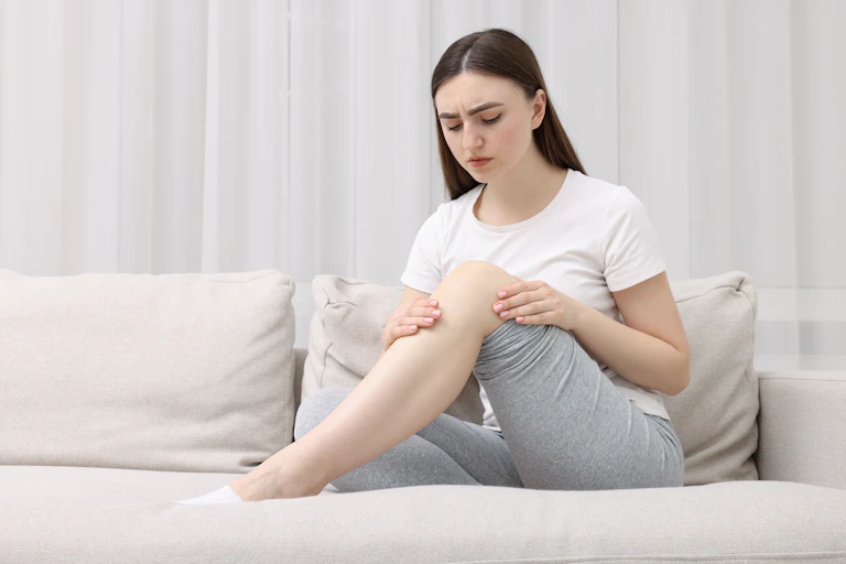 Young woman suffering from pain in knee on sofa at home
