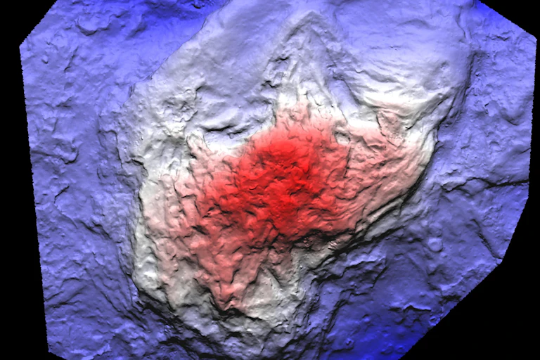Blue, red and white image of a three-toed footprint