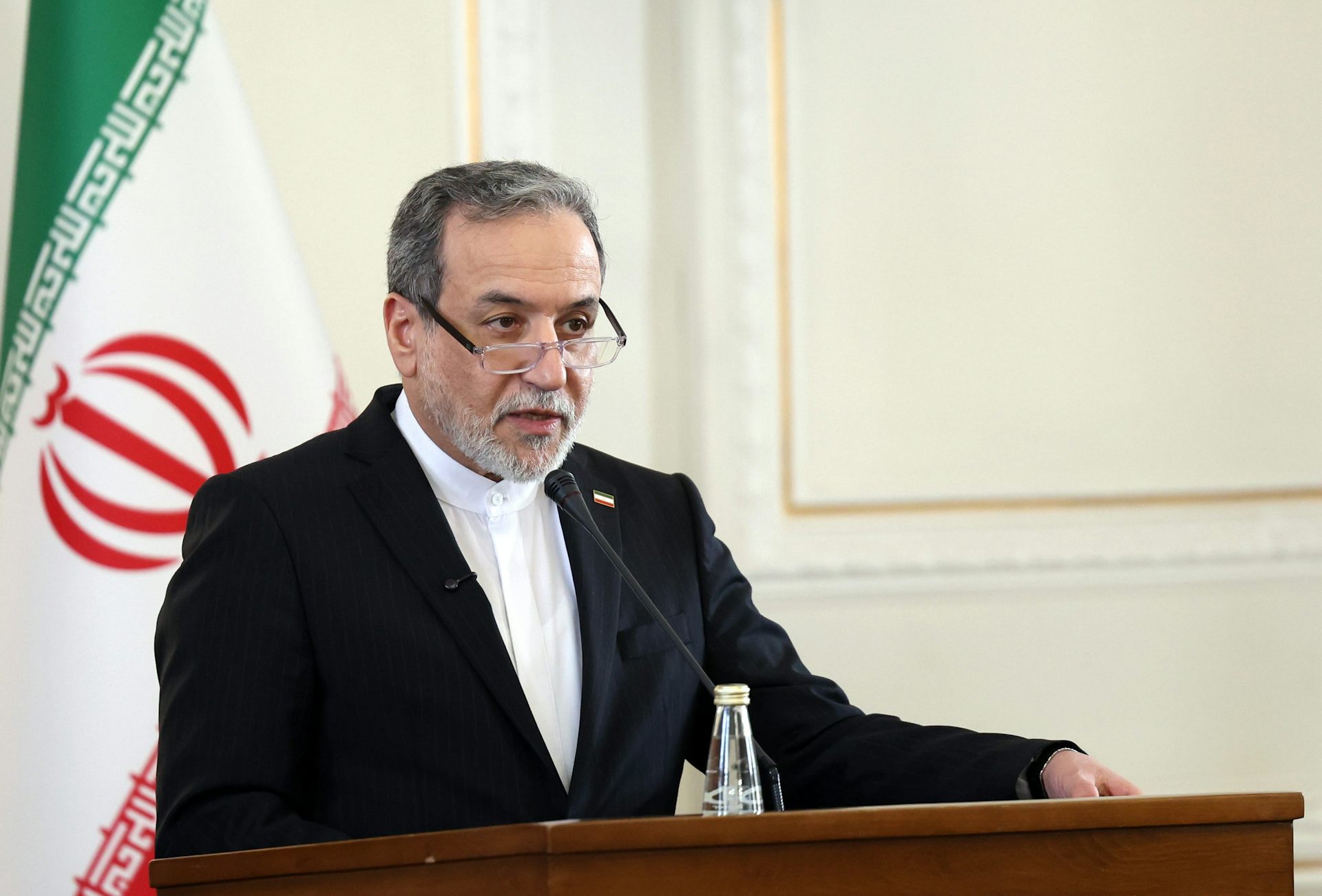 Abbas Araghchi speaks during a press conference.