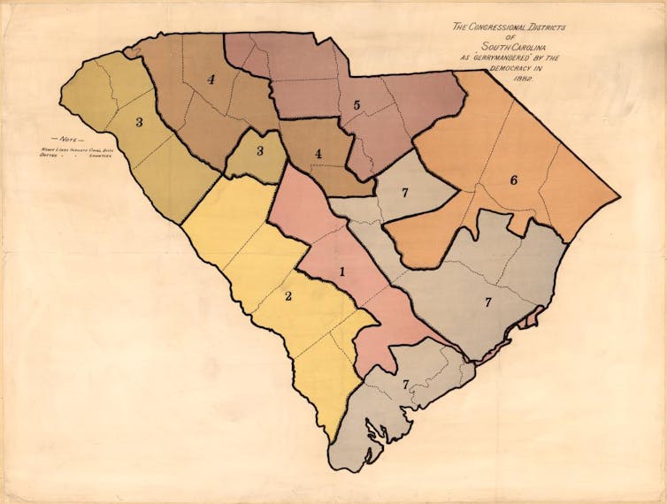 A map showing South Carolina's congressional districts in the 1880s.