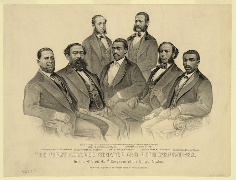 A group portrait depicts the first Black senator and a half-dozen Black representatives.