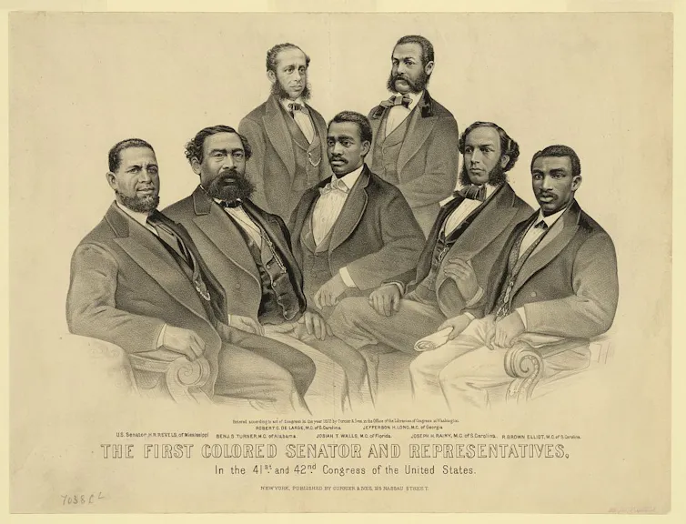 A group portrait depicts the first Black senator and a half-dozen Black representatives.