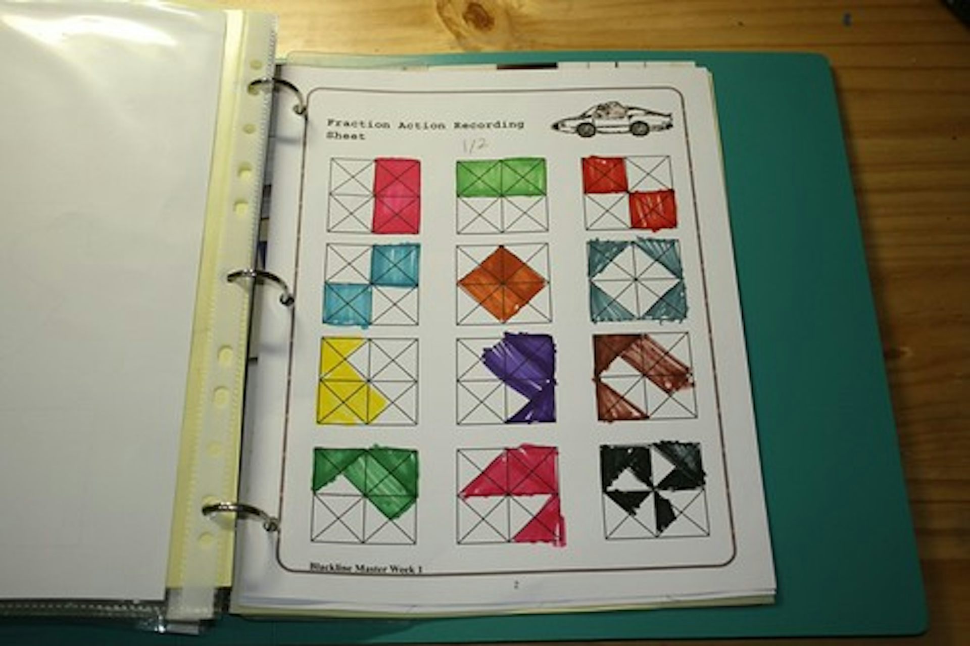 A page showing children's colouring covering various squares coloured to express different fractions.