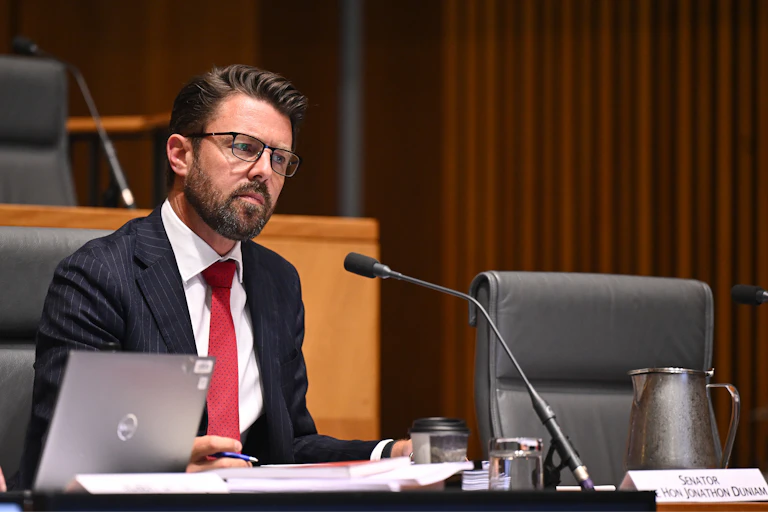 Liberal Home Affairs Minister Jonno Duniam listens during the Joint Committee review of the Exposure Draft: Combatting Antisemitism, Hate and Extremism Bill 2026