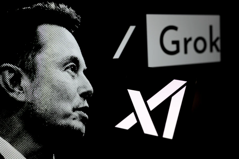 black and white collage featuring an image of Elon Musk, the Grok logo and the XAI logo