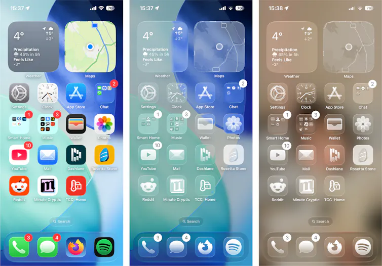 Three different iPhone iOS26 visual screen settings.