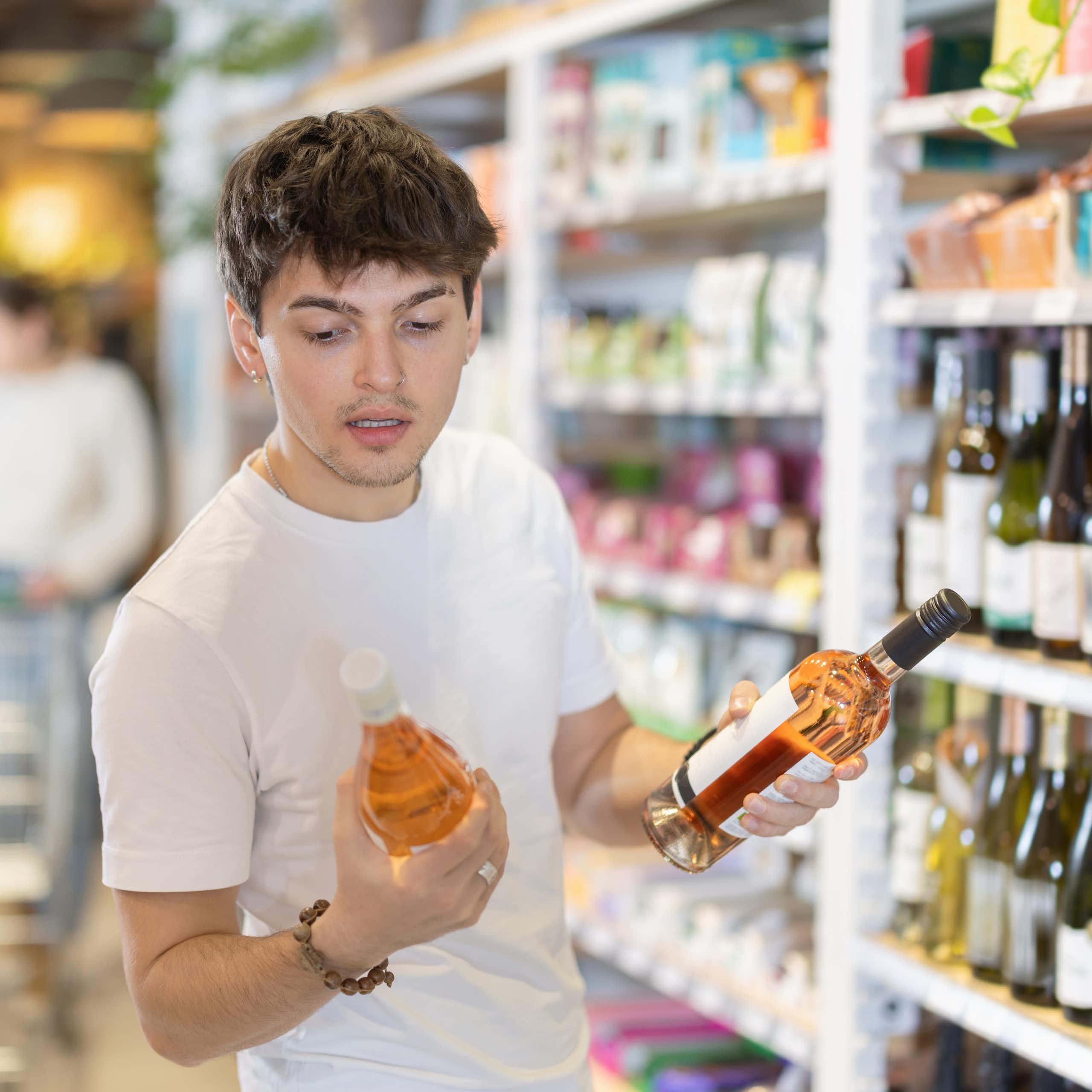 Jeune homme tenant deux bouteilles de vin dans ses mains.