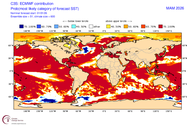 Mapa que muestra las anomalías en la temperatura del océano, donde predomina el color rojo