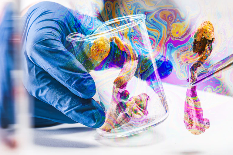 Les mains gantées d'une personne examinant des champignons magiques aux couleurs psychédéliques en laboratoire.
