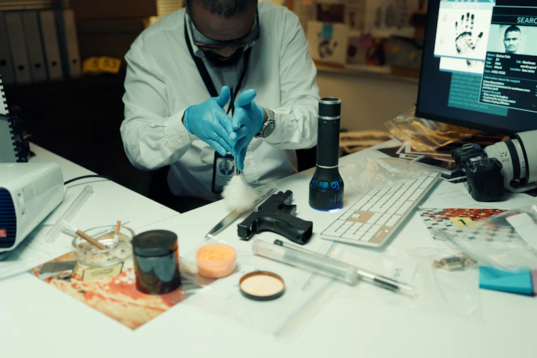 Pruebas desplegadas en la mesa de un investigador con guantes y bata