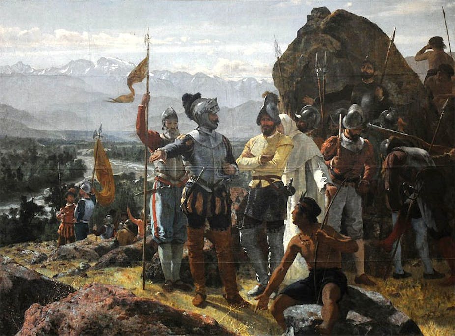 Spanish conquistadors overseeing mining by indigenous workers