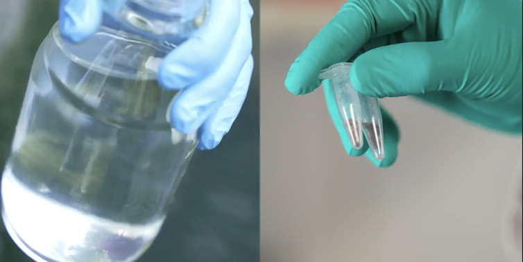 The left photos shows a gloved hand holding a jar full of water, the right shows a gloved hand holding a small tube of clear liquid.