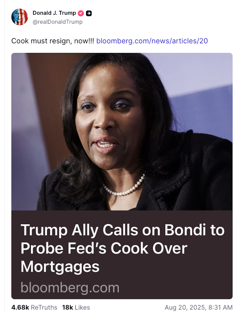 Cómo la Corte Suprema podría proteger la independencia de la Reserva Federal utilizando la ley laboral en Trump v. Cook 1 Publicación de Truth Social en la que el presidente Trump dice que cree que Cook debería renunciar.
