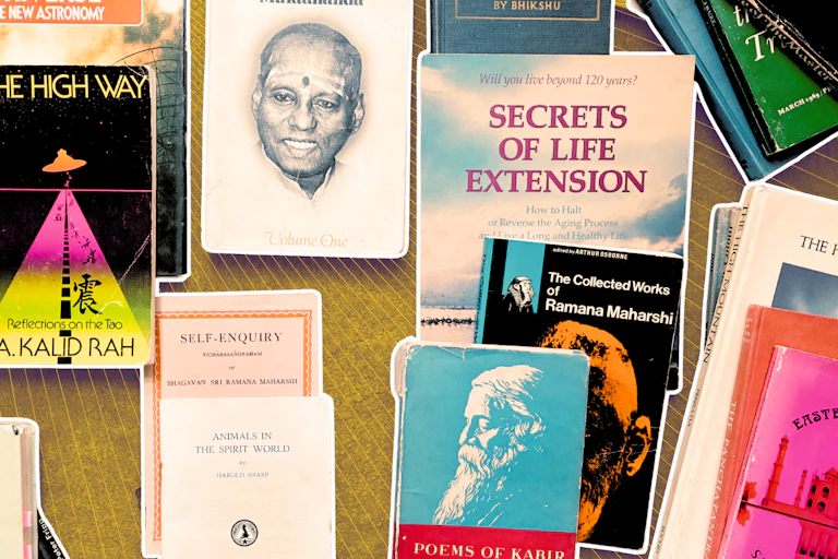 A collage of book covers, including The Secrets of Life Extension and the Collected works of Ramana Maharishi