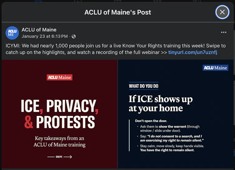 A screenshot of a Facebook post from the ACLU of Maine noting the large turnout for a 'Know Your Rights training' event on Jan. 23, 2026.