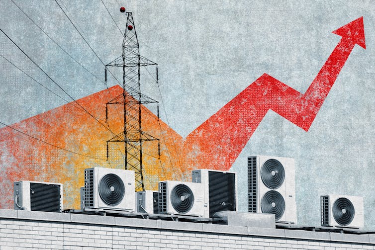 Several air conditioner units and a transmission line, with a red arrow pointing upwards in the background.