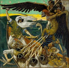 A painting in teal and brown shades depicts a boatful of men fighting a winged creature.