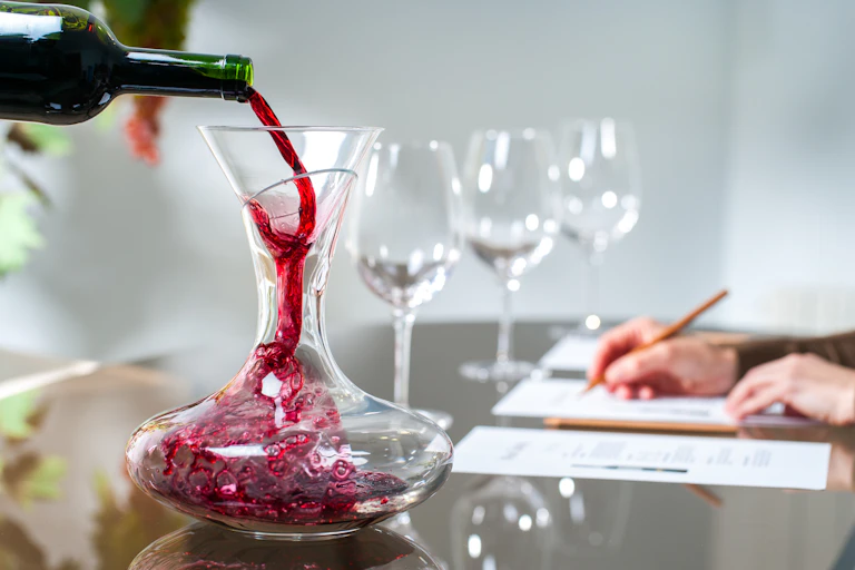 Close up of sommelier pouring red wine into decanter at wine tasting session