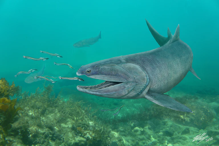 A large fish lunges towards a school of worm-like animals.
