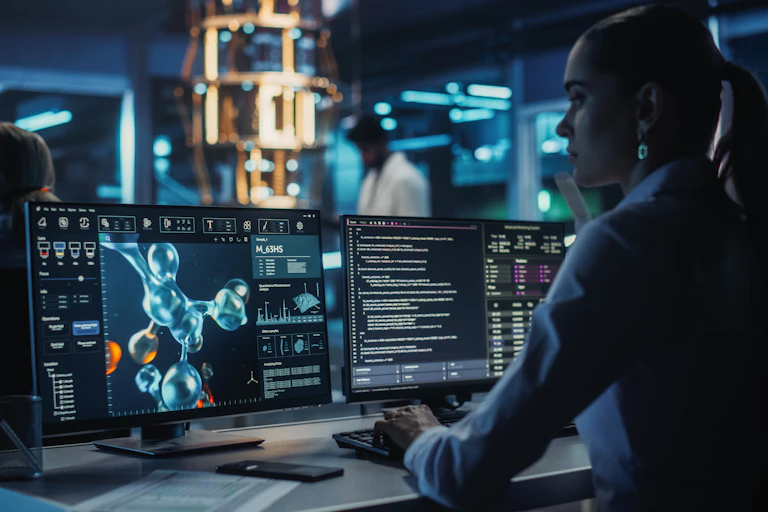 Young female biologist analyzes protein structures on molecular modelling software on a computer.