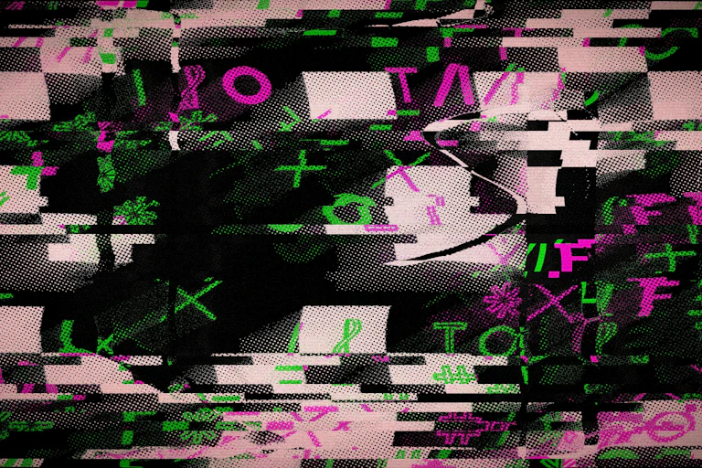 Glitch art with symbols and distorted patterns
