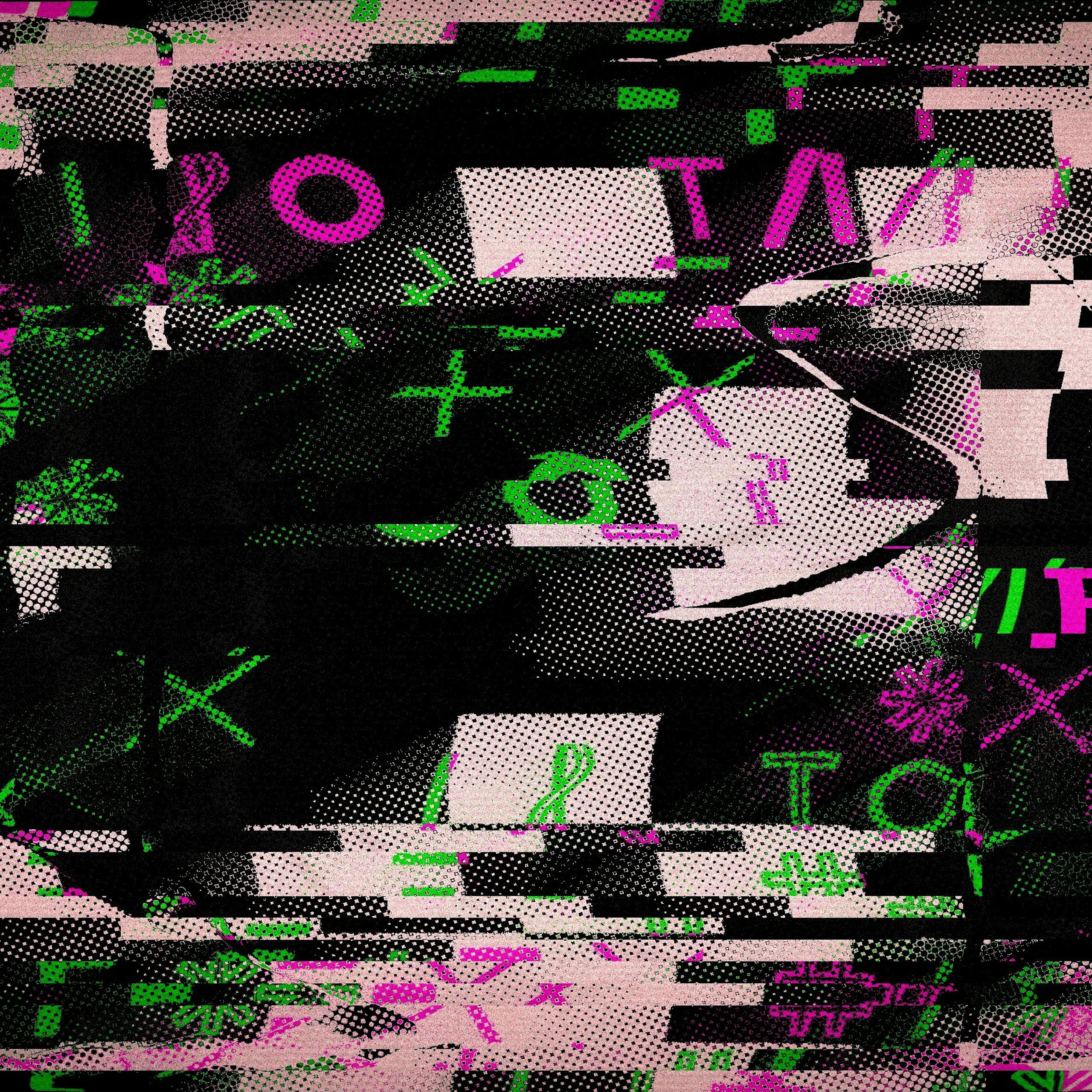 Glitch art with symbols and distorted patterns