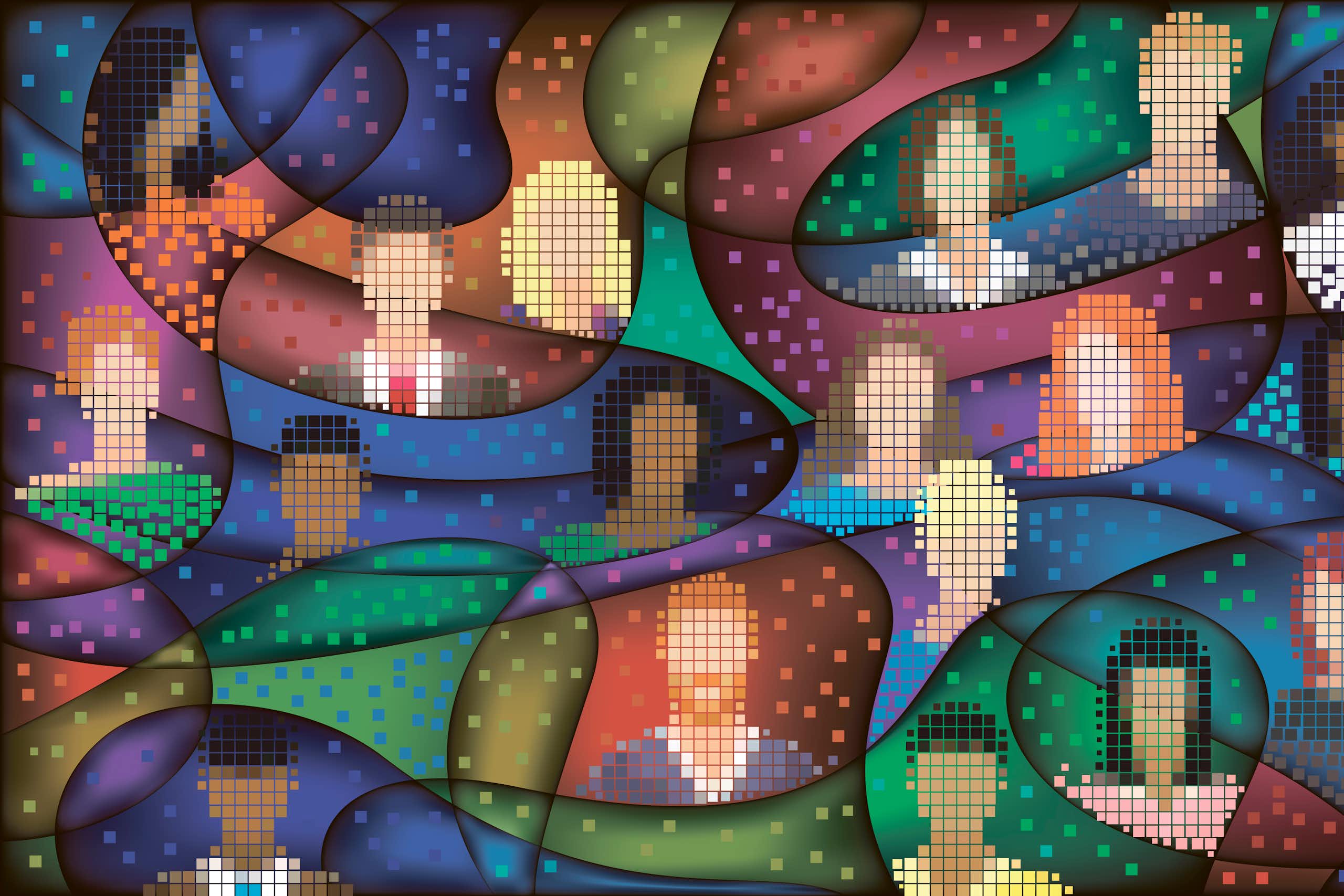 Pixelated images of people's faces in a colourful background