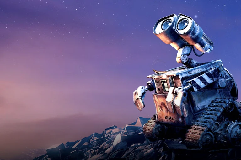 A little robot looking up at the sky from Earth.