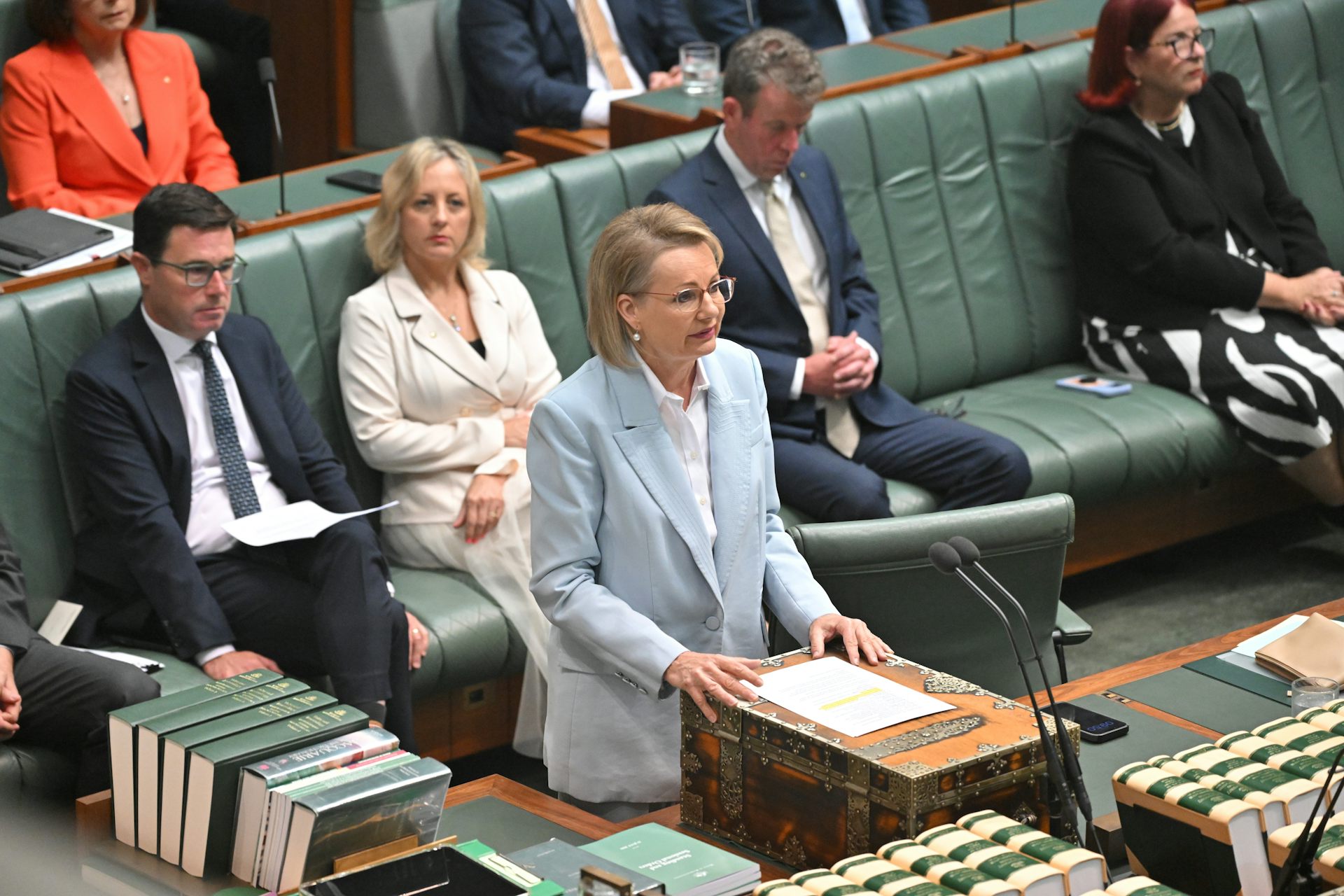 Sussan Ley stands in parliament and speaks in front of her front bench shadow ministers
