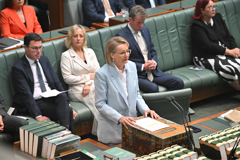 Sussan Ley stands in parliament and speaks in front of her front bench shadow ministers