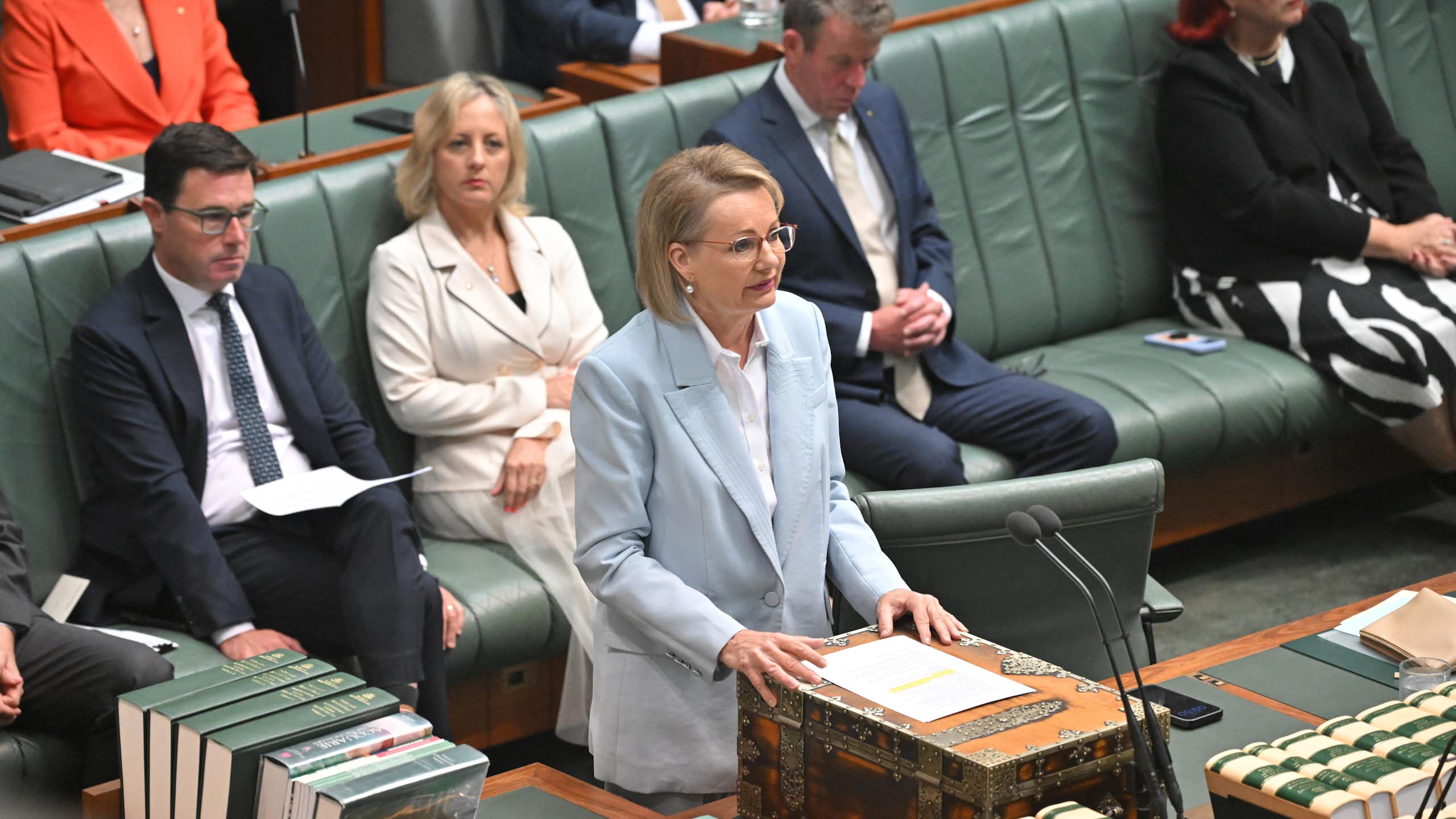 Sussan Ley stands in parliament and speaks in front of her front bench shadow ministers