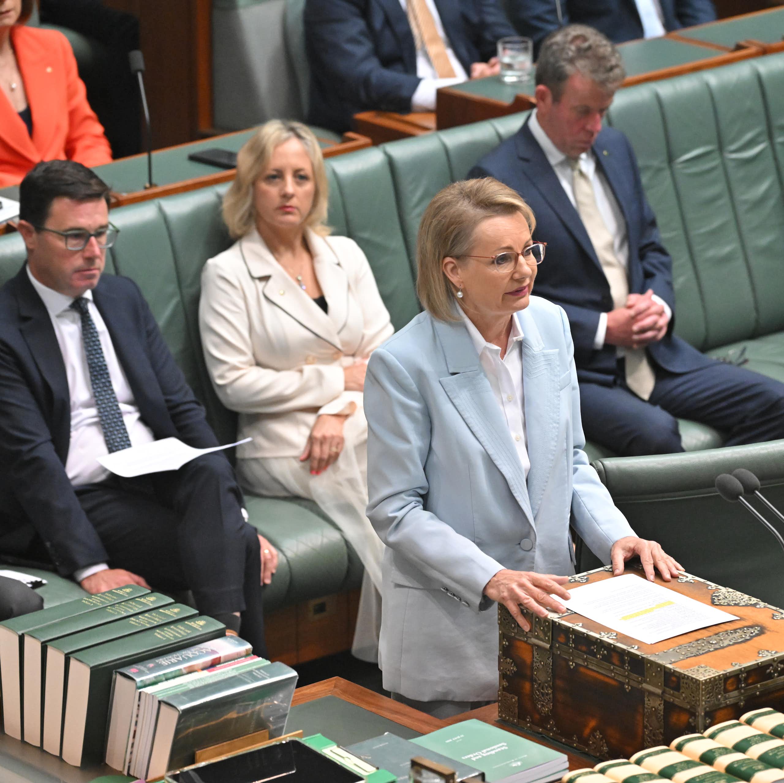 Sussan Ley stands in parliament and speaks in front of her front bench shadow ministers