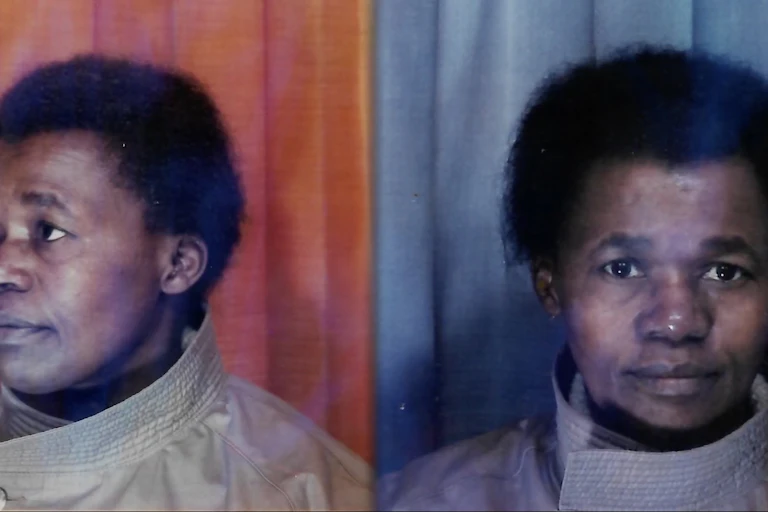 Two polaroid-style photos of an African woman, one looking deadpan ahead and the other off into the distance, colourised backgrounds in blue and red.