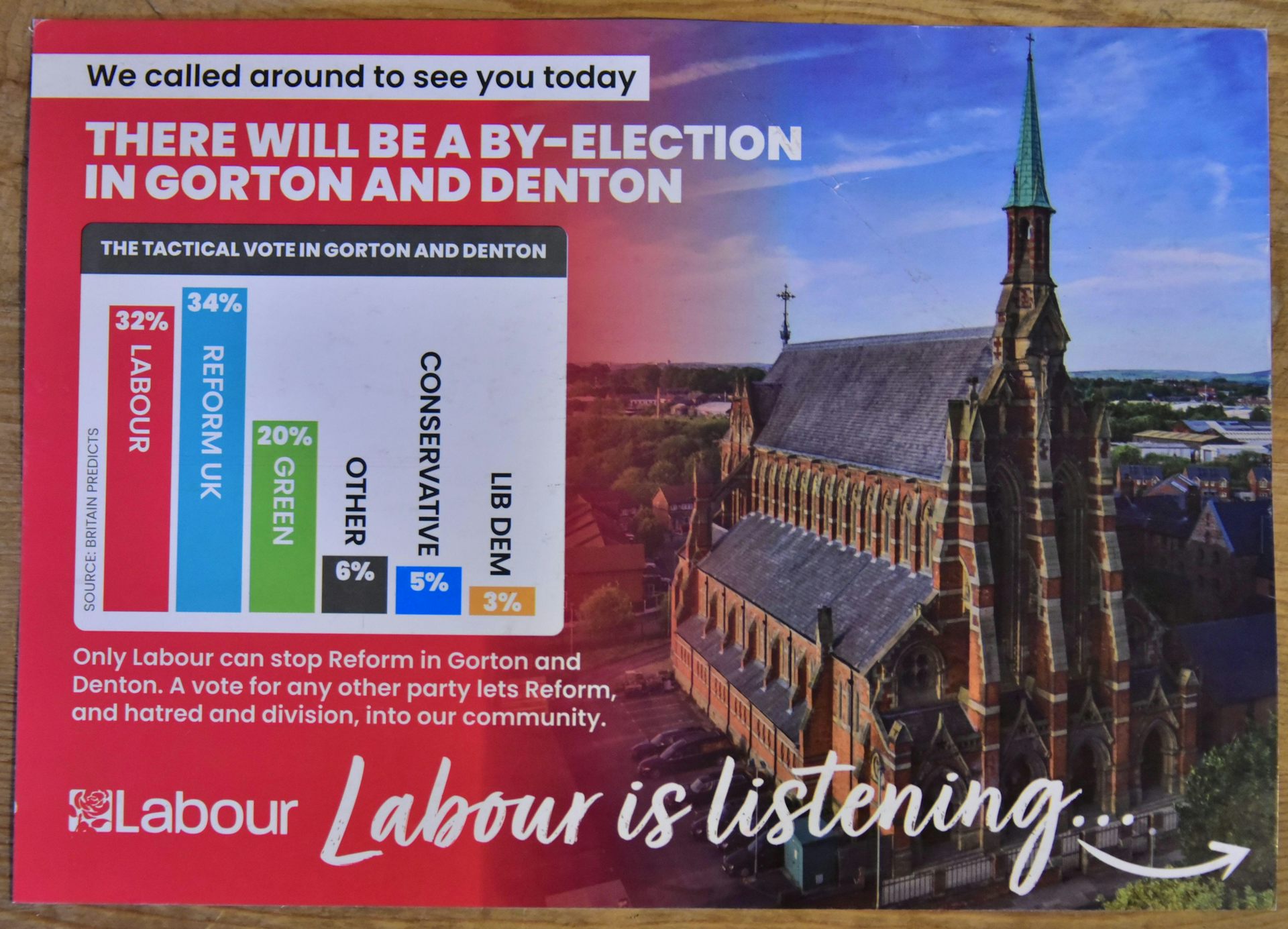 A Labour Gorton and Denton campaign leaflet that shows how a split vote would deliver a Reform victory.