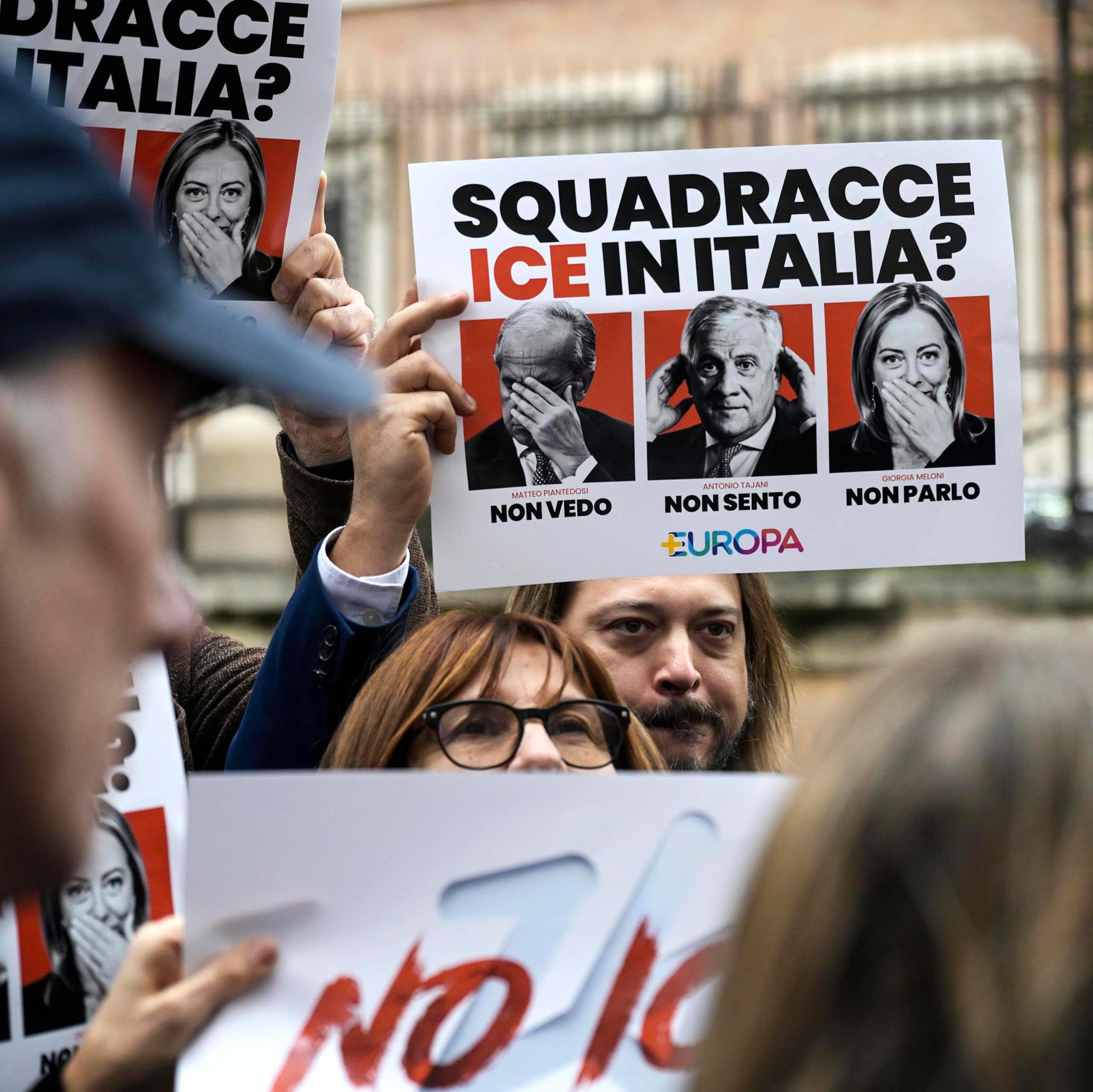 Italians holdng up banners protesting about US plans to use ICE agents as part of their security team at the Winter Olympics in Milan.