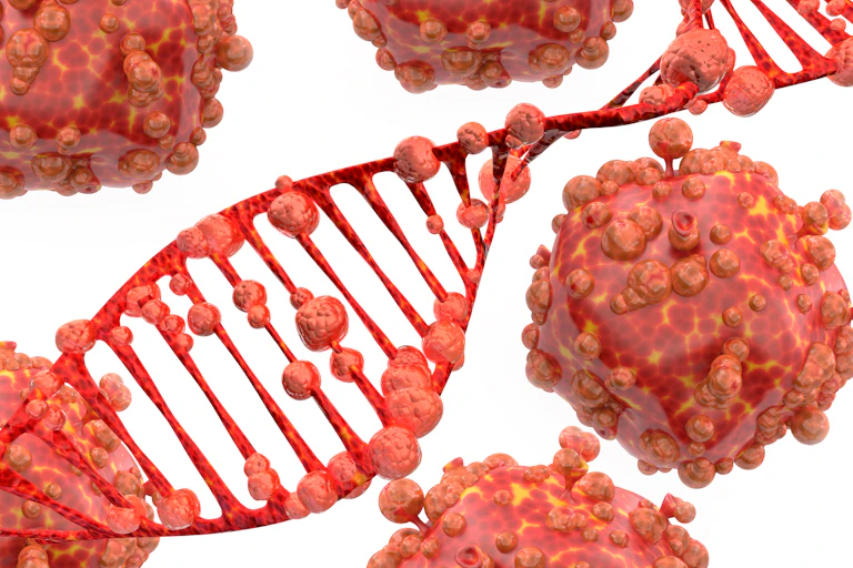 Computer-generated image of DNA spiral being attacked by mpox virus.