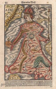 Scan of map depicting Europe in the shape of a woman in regalia