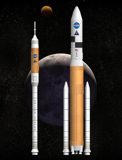 An illustration of two rockets, a thin one on the left (Ares 1) and a larger, thicker one on the right (Ares V).