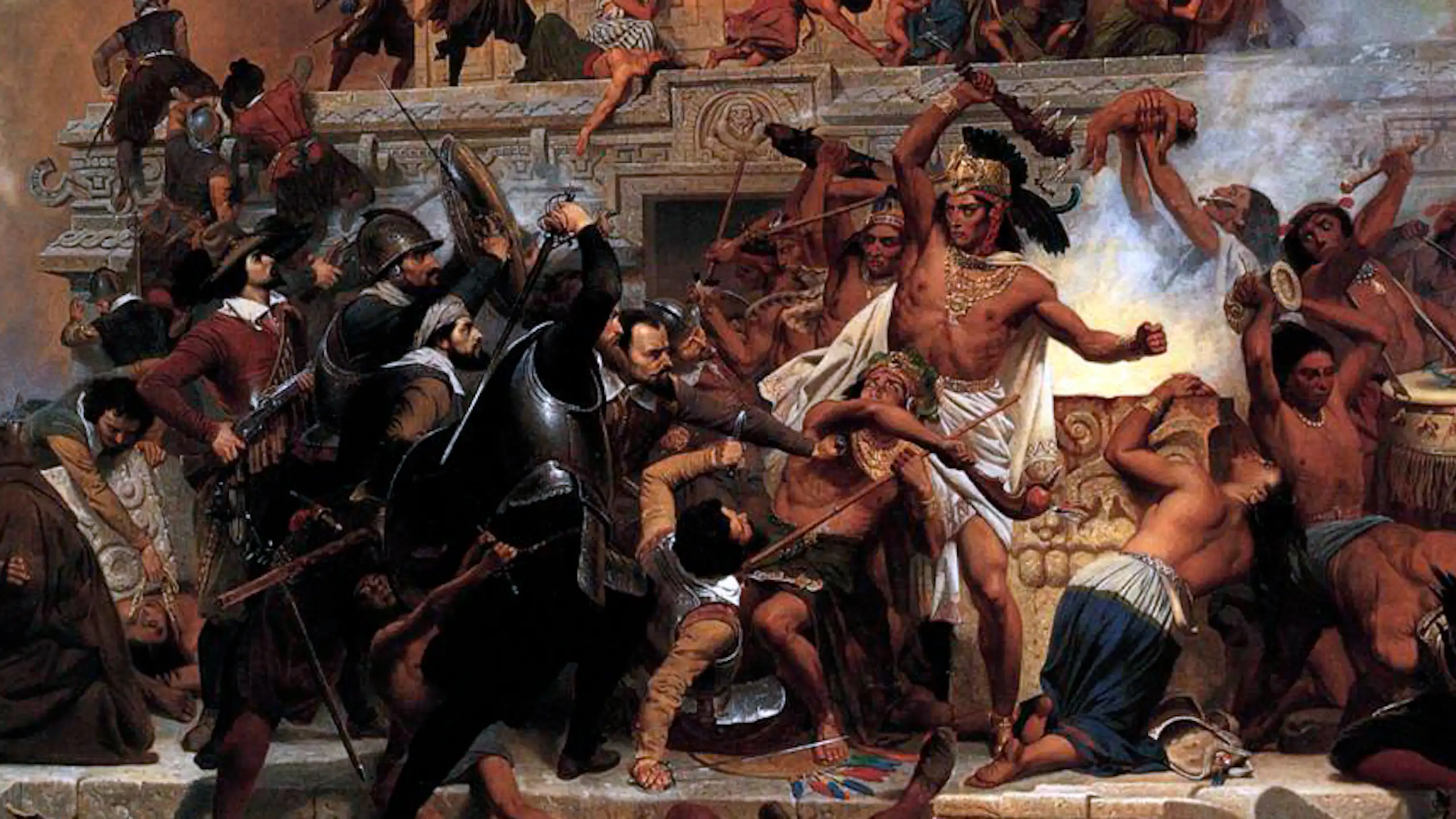 L'assaut de la Teocalli par Cortez et ses troupes, tableau d'Emanuel Leutze (1848).