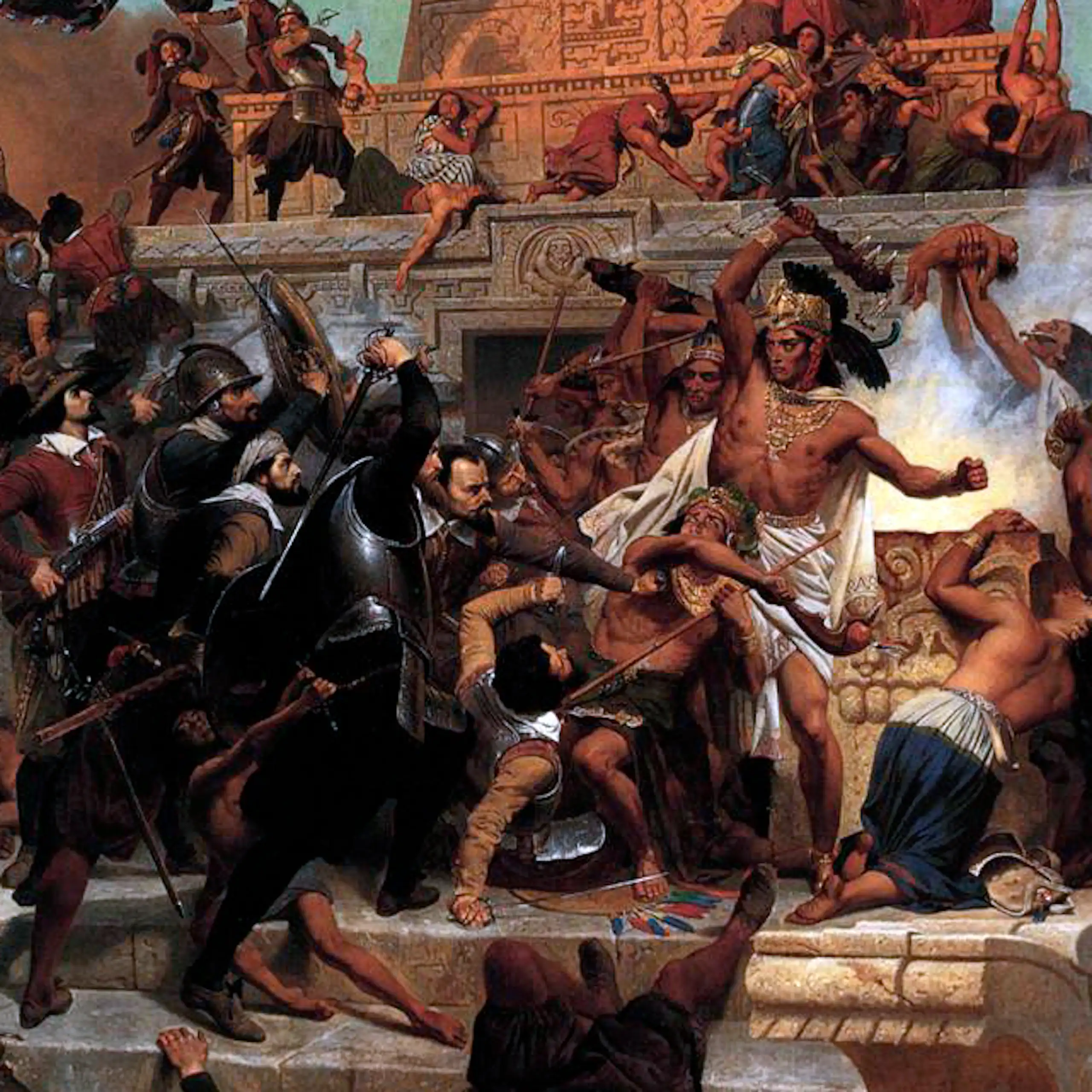 L'assaut de la Teocalli par Cortez et ses troupes, tableau d'Emanuel Leutze (1848).