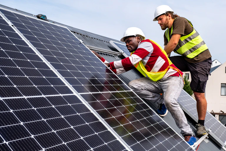 Two workers stand on a roof fitting solar panels onto it