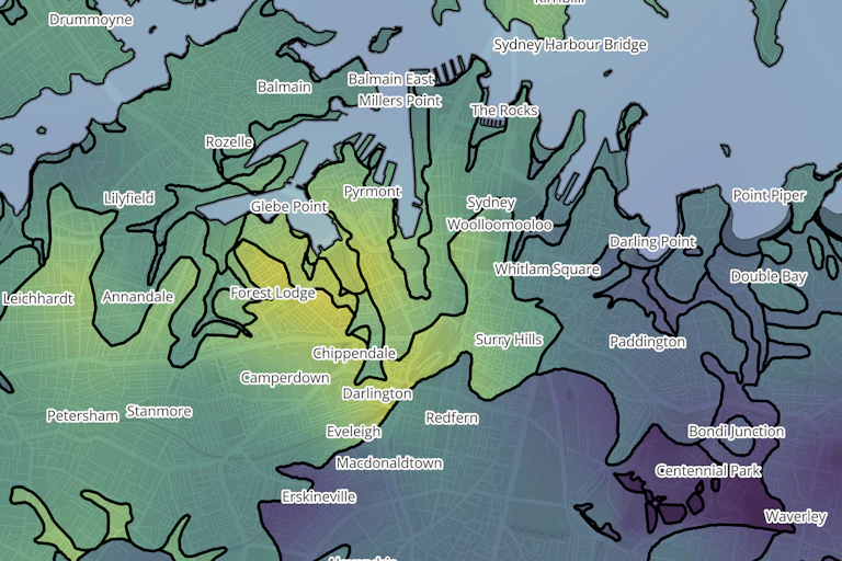 A map of Sydney variously shaded with bright yellow, green and purple.