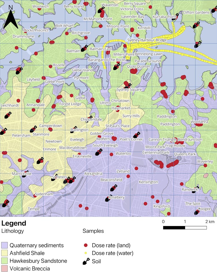A map of Sydney covered in small black and red dots.