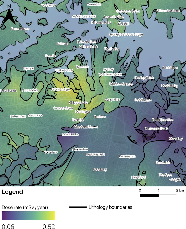 A map of Sydney variously shaded with bright yellow, green and purple.