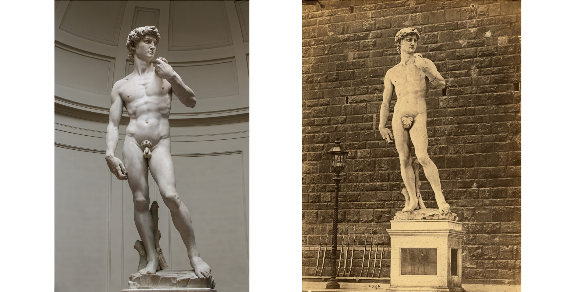 Michaelangelo's naked statue of a man, David, with genitals displayed, and with a fig leaf covering