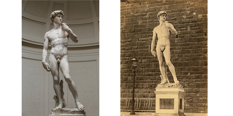 Michaelangelo's naked statue of a man, David, with genitals displayed, and with a fig leaf covering
