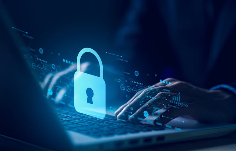 Digital illustration of hands typing on a keyboard in the dark, with a glowing lock emanating from the screen