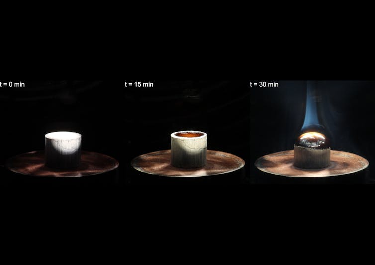 Making Oxygen from Lunar Soil: The Long run of House Exploration? 3 Three photos during the experience. The regolith pellet reacts little by little to melt into glass. In the third photo, a blue flame appears