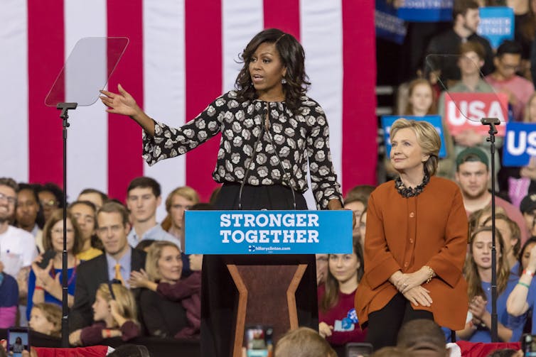 Michelle Obama introduces 2016 Democratic presidential candidate Hillary Clinton at a campaign event.