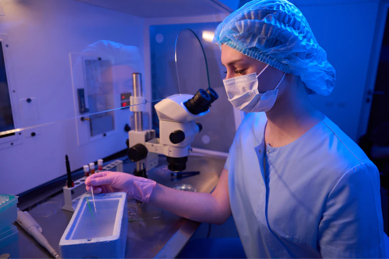 Dans un laboratoire, une femme congèle des embryons dans de l’azote liquide.